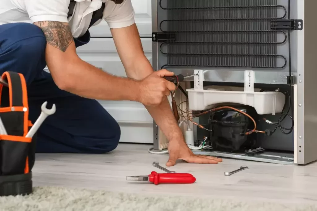 man cleaning the coils from the back of a refrigerator