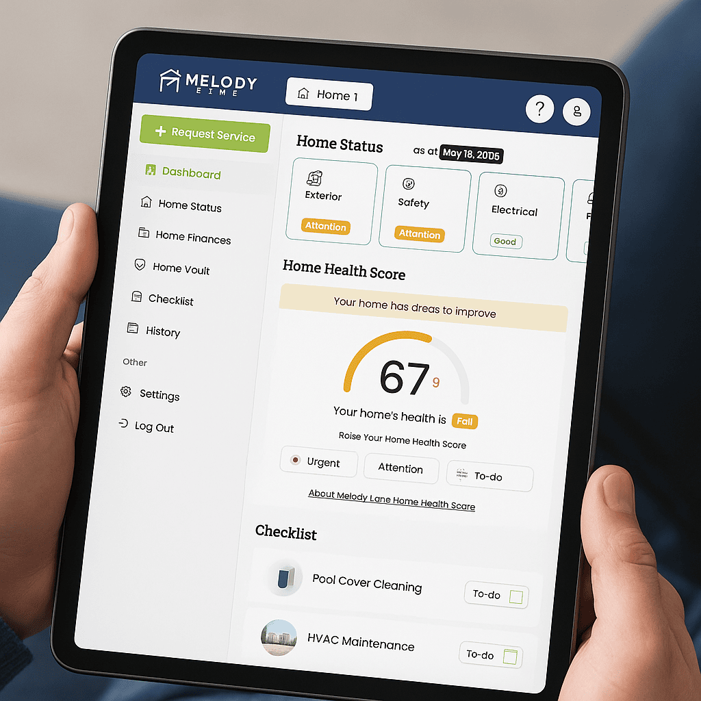 close up of a tablet showing a screen from the melody lane hub portal. It shows the home status with a home health score of 67 with a checklist of to dos like pool cover cleaning and h v a c maintenance