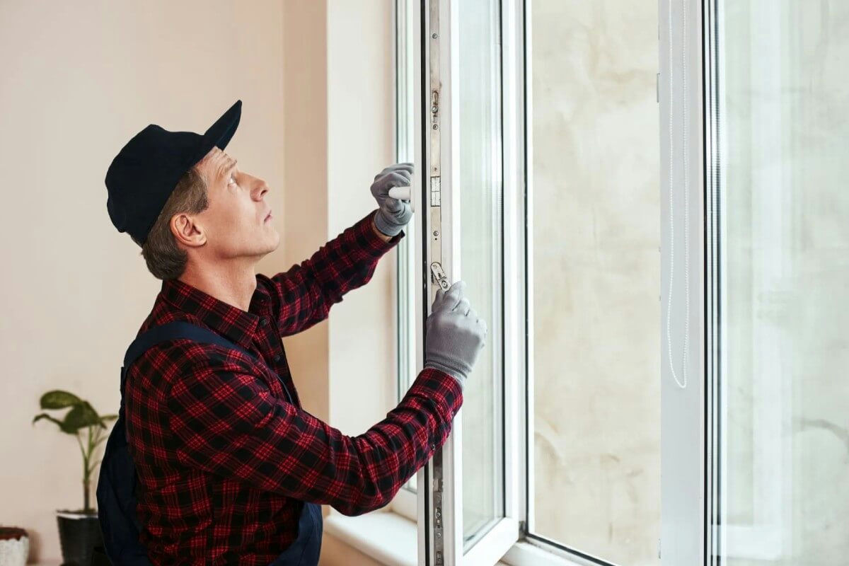a handyman checking the seals on a window